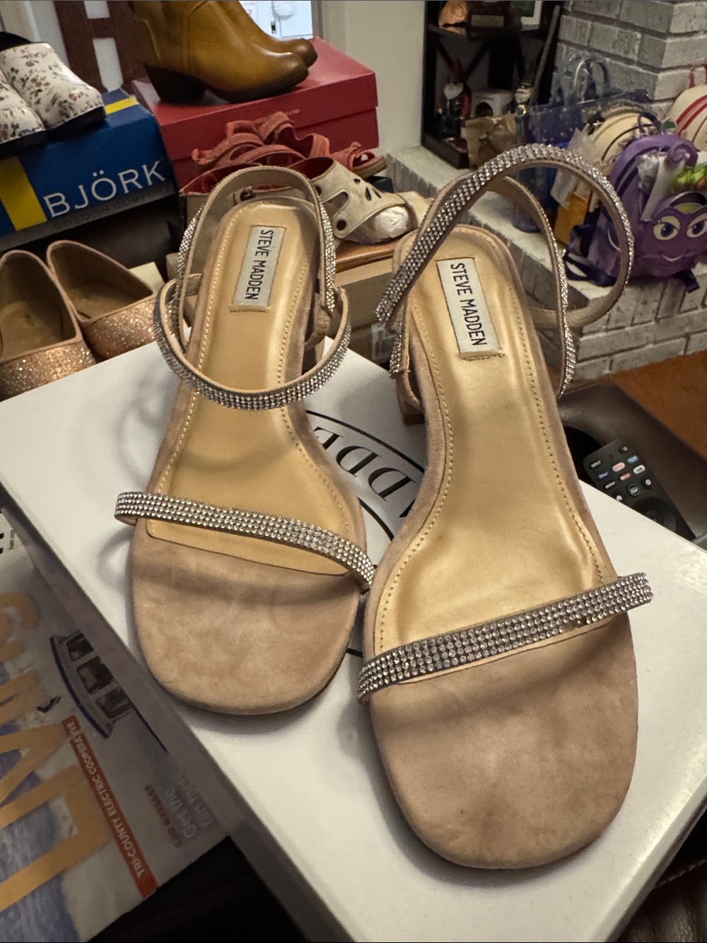 Steve Madden Champagne Rhinestone Strap Block Heel Sandals